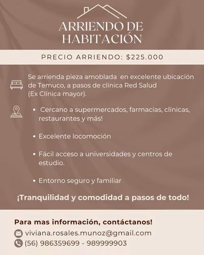 Arriendo pieza en excelente barrio de Temuco