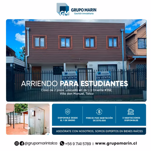 Arriendo de Habitaciones para trabajadores o estudiantes